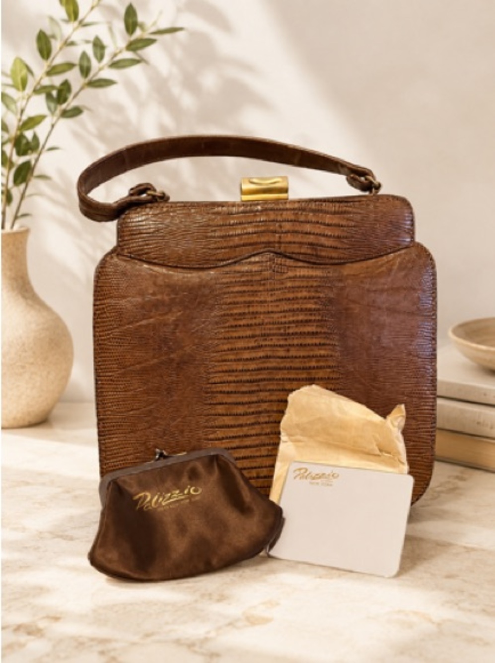 Palizzio Vintage Elegant Brown Leather Textured Tote Bag